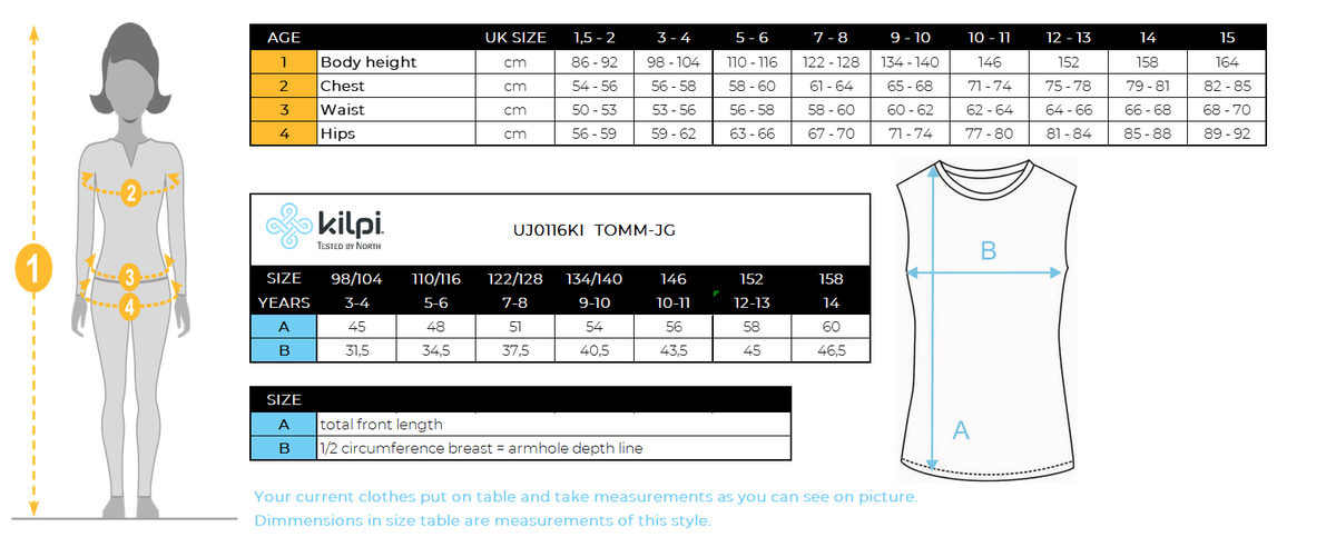 Girl's insulated vest Kilpi TOMM-JG – Size chart