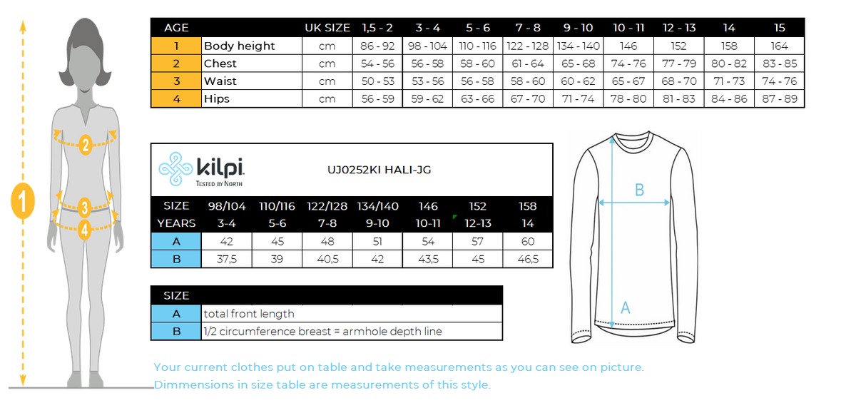 Girl's cotton sweatshirt Kilpi HALI-JG – Size chart