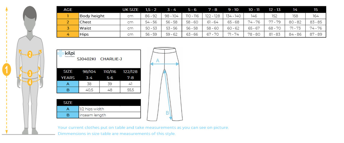 Kid's ski pants Kilpi CHARLIE-J – Size chart