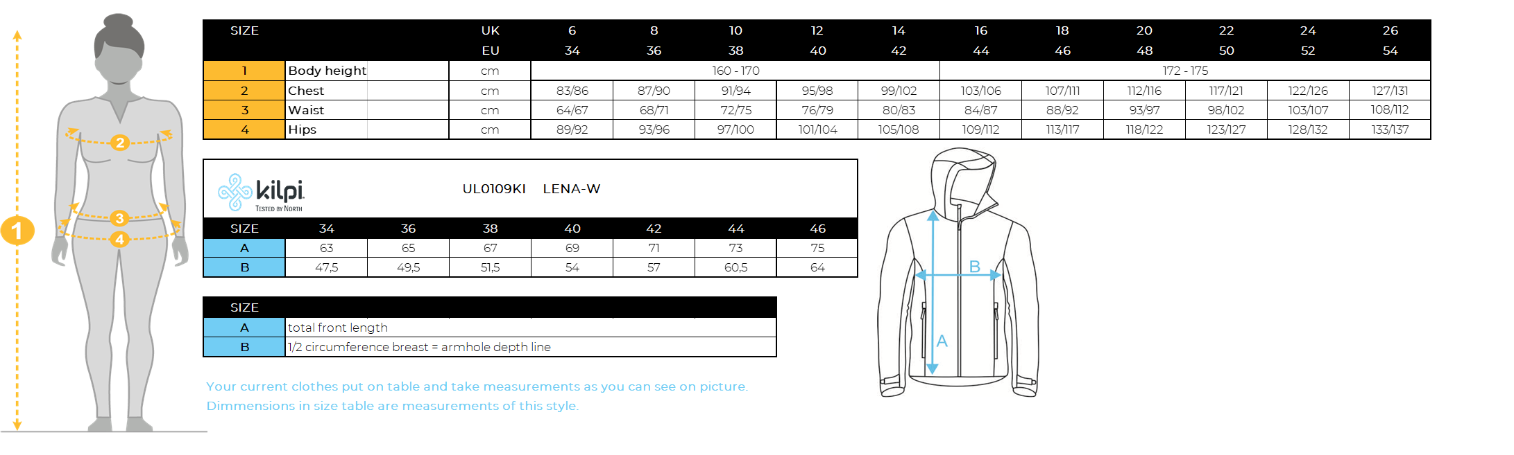 Women's ski jacket with integrated heating system Kilpi LENA-W – Size chart