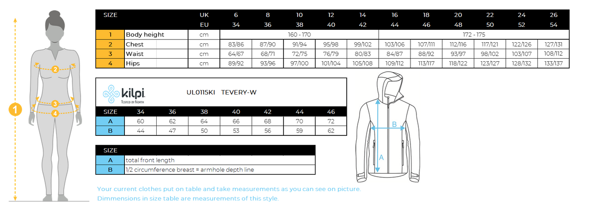 Women's down jacket Kilpi TEVERY-W – Size chart
