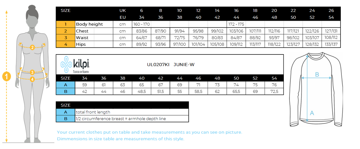 Women's functional sweatshirt Kilpi JUNIE-W – Size chart