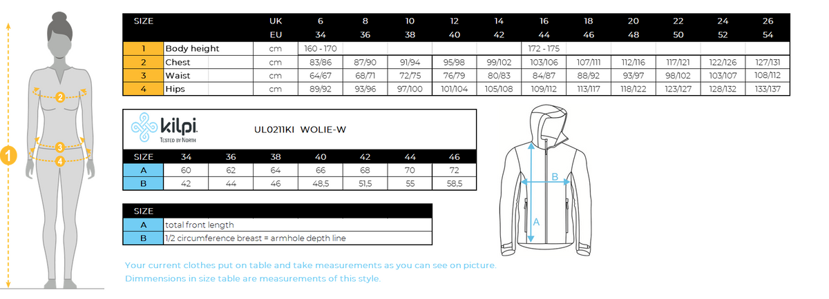 Women's merino wool sweater Kilpi WOLIE-W – Size chart