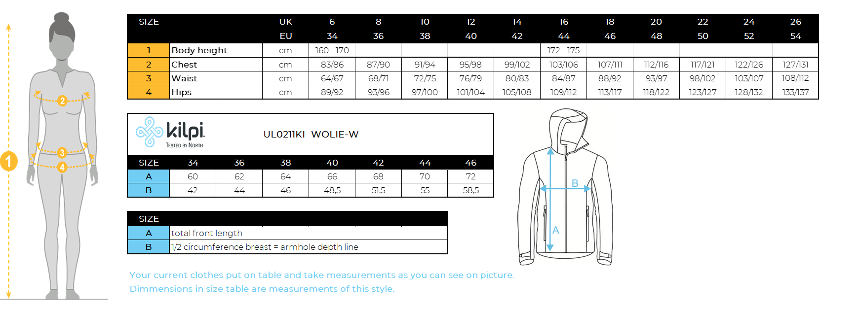 Women's merino wool sweater Kilpi WOLIE-W – Size chart