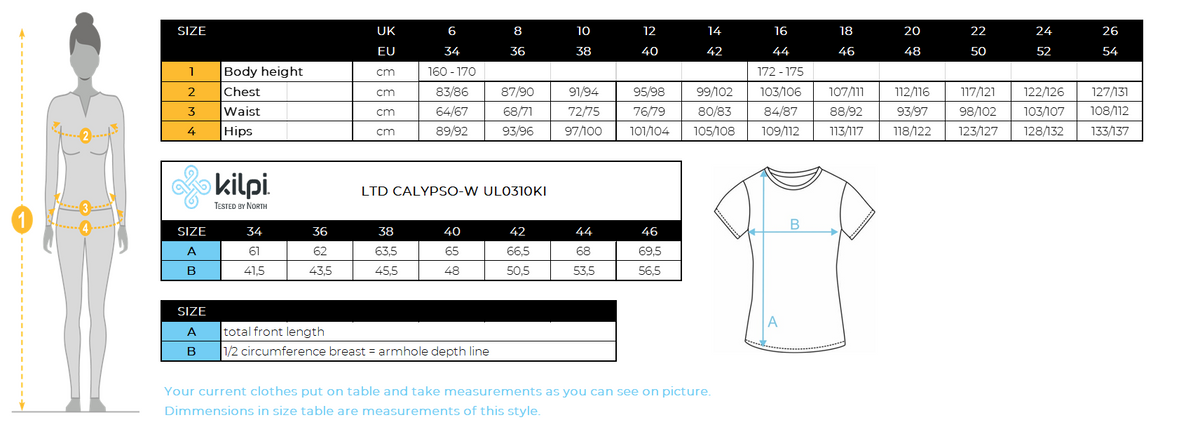Women's T-shirt Kilpi LTD CALYPSO-W – Size chart
