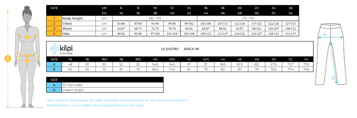 DONNAI pantaloni da sci softshell di Kilpi RHEA-W – Size chart