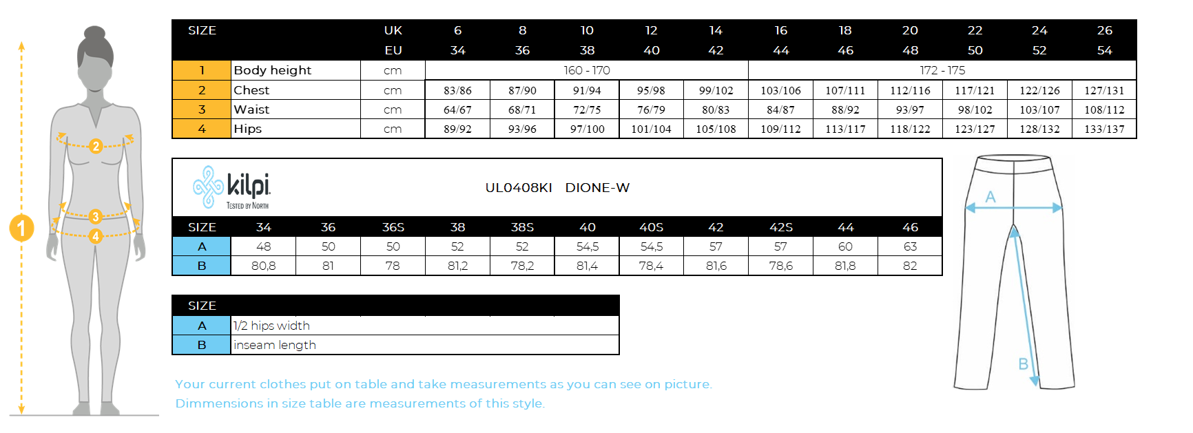 Women's softshell ski pants Kilpi DIONE-W – Size chart