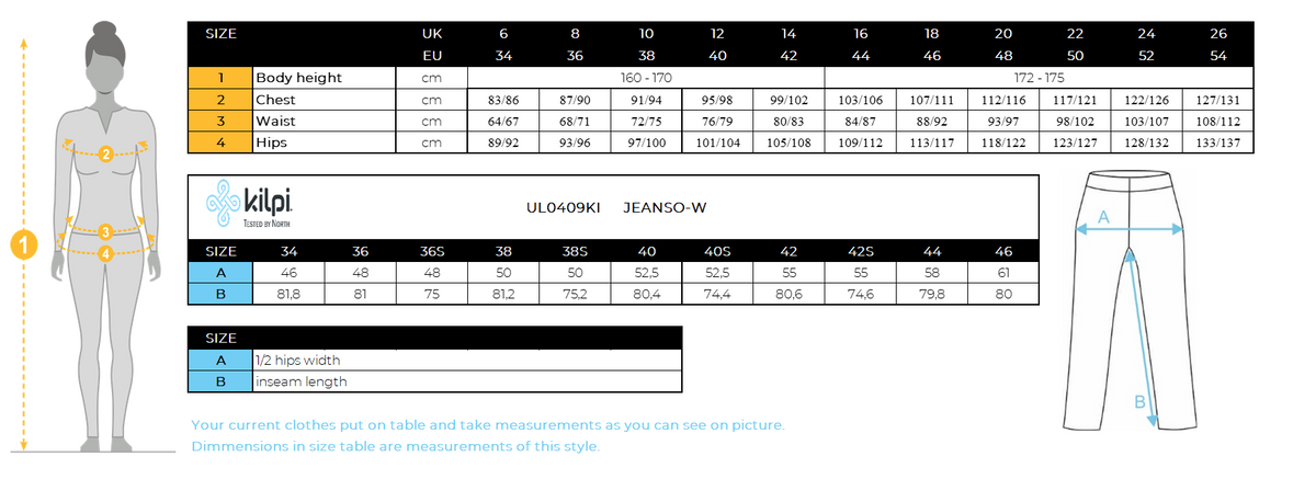 Women's softshell ski pants Kilpi JEANSO-W – Size chart