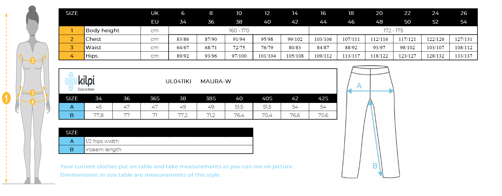 Women's ski softshell pants Kilpi MAURA-W – Size chart