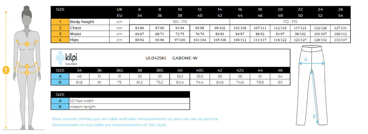 Women's ski pants Kilpi GABONE-W – Size chart