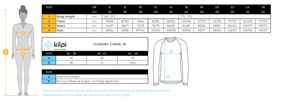 Women´s seamless base layer Kilpi CAROL-W – Size chart