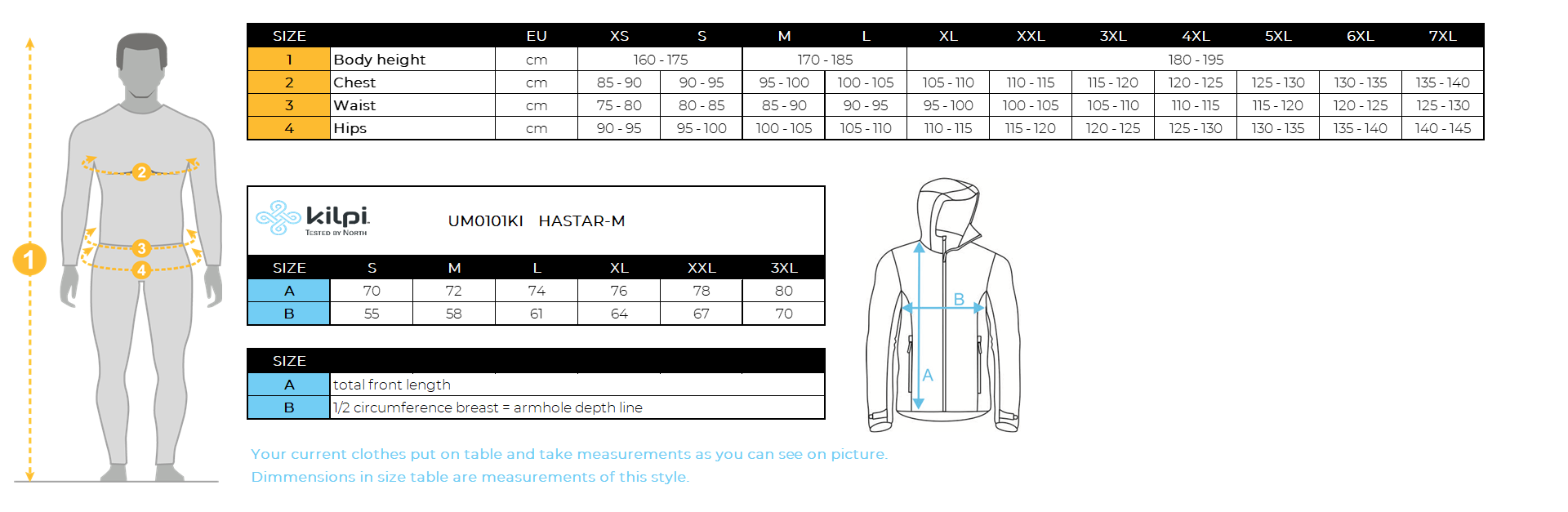 Men's waterproof outdoor jacket Kilpi HASTAR-M – Size chart