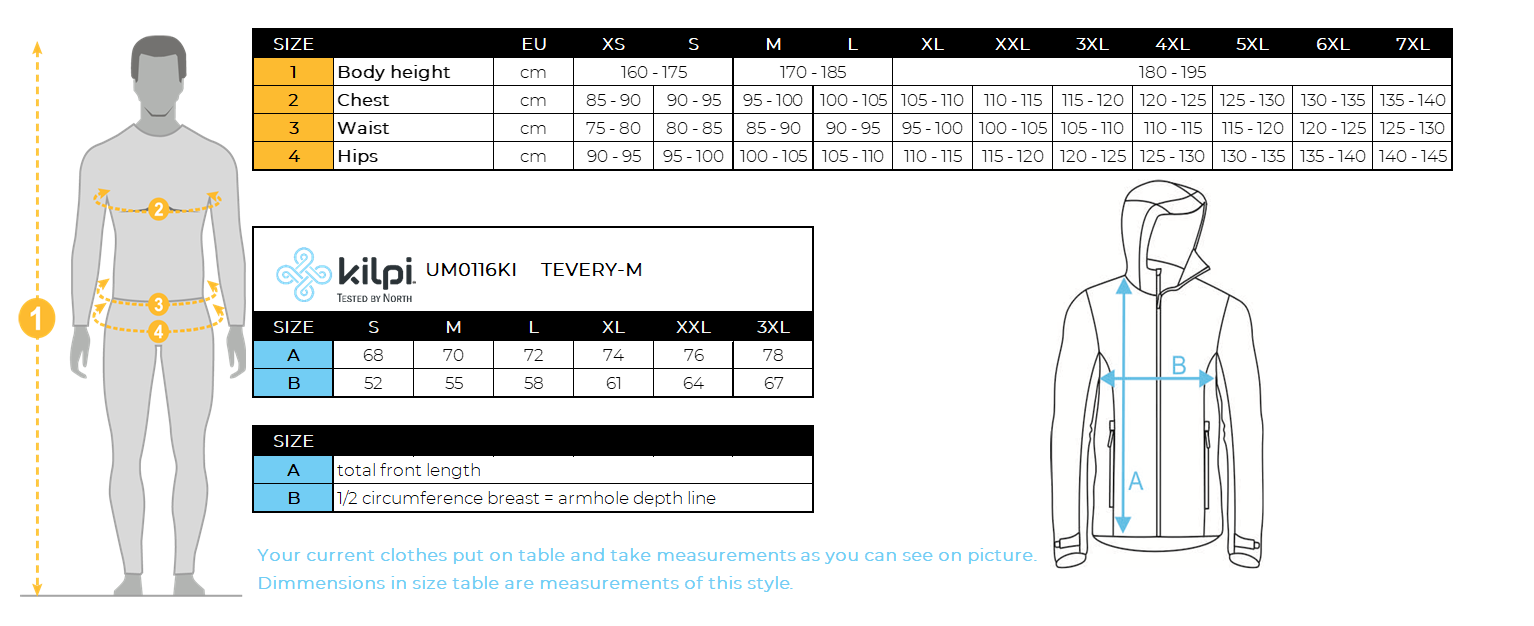 Men's down jacket Kilpi TEVERY-M – Size chart