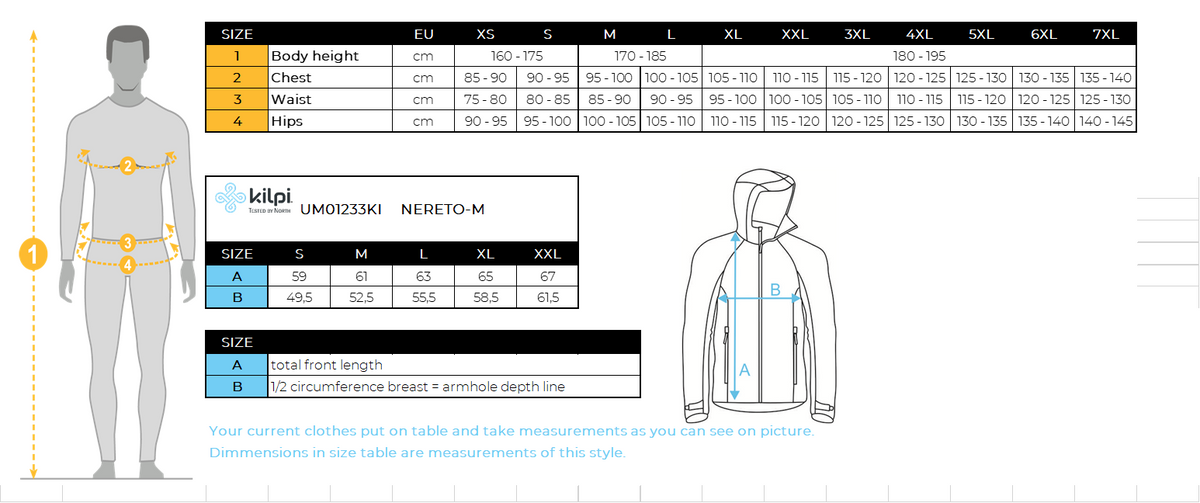 UOMOLa giacca da ciclismo softshell di Kilpi NERETO-M – Size chart