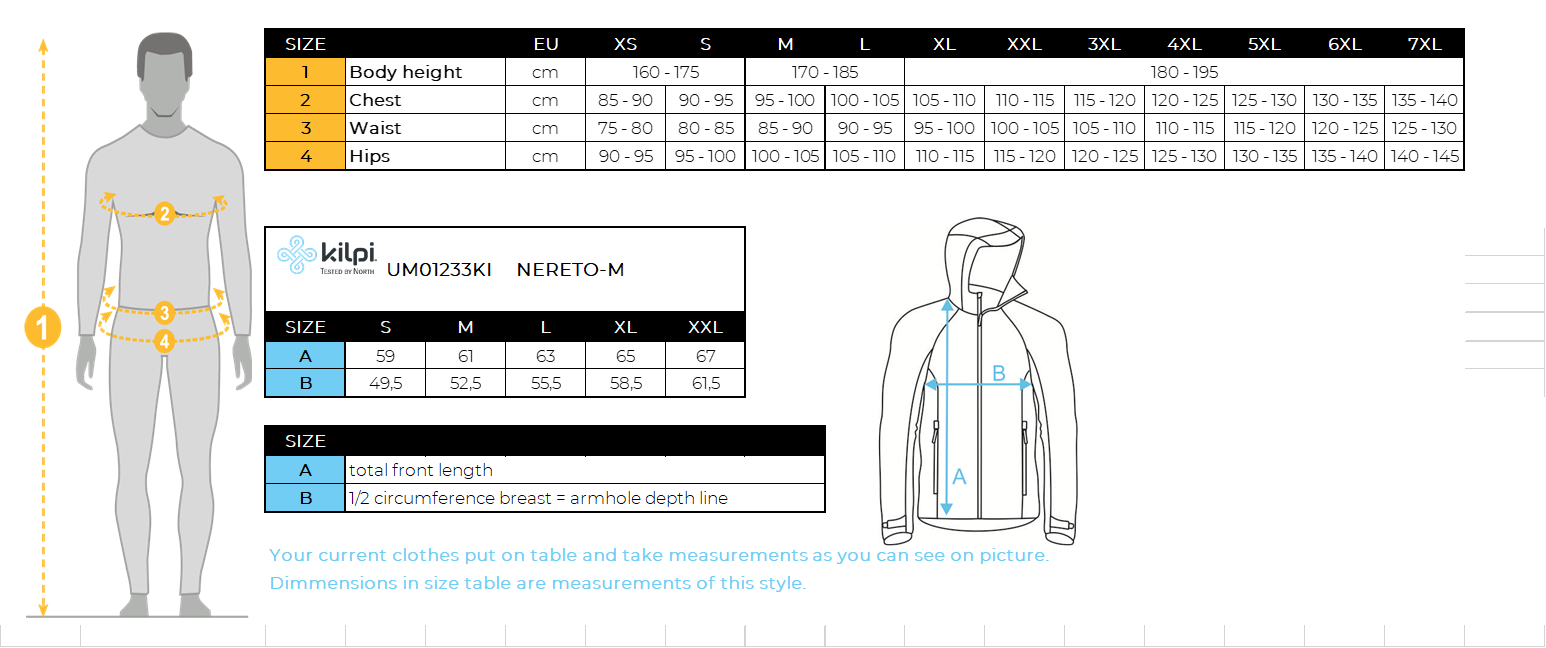 UOMOLa giacca da ciclismo softshell di Kilpi NERETO-M – Size chart