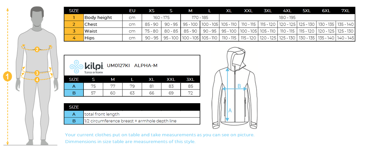 Men's insulated jacket Kilpi ALPHA-M – Size chart