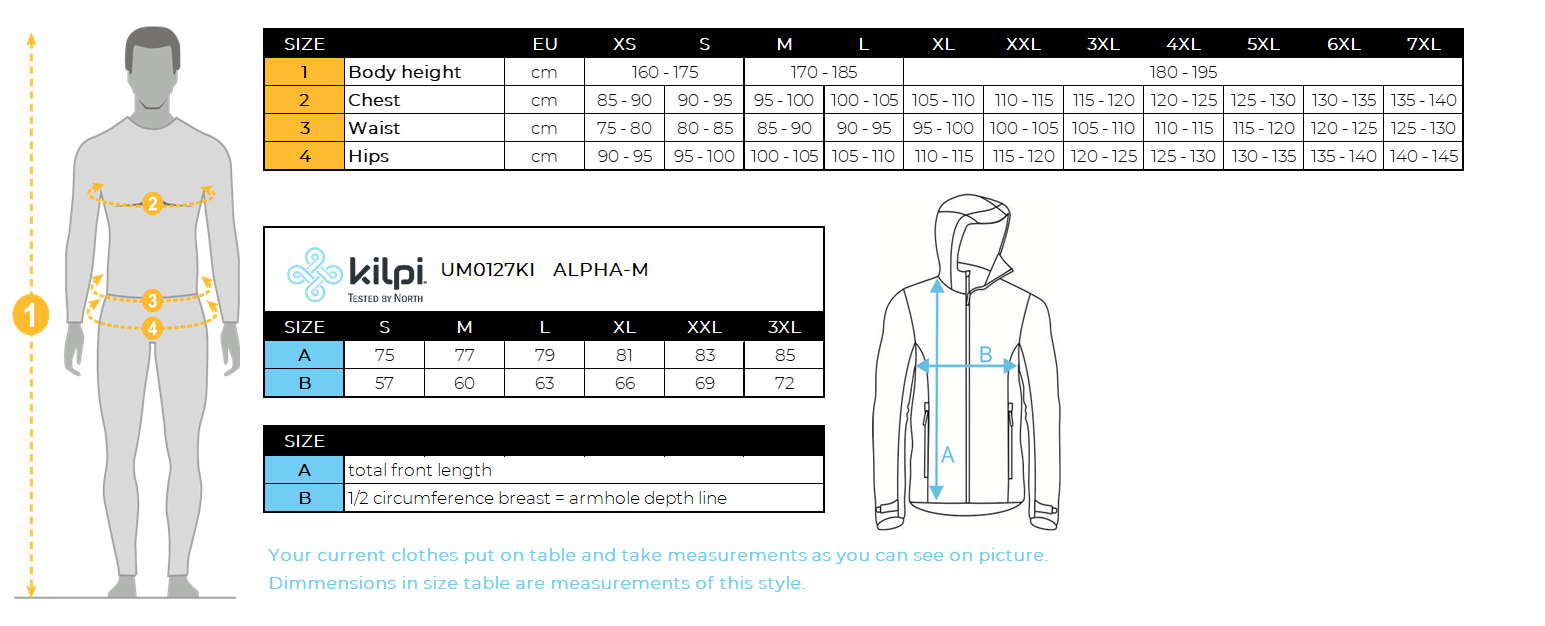 Men's insulated jacket Kilpi ALPHA-M – Size chart