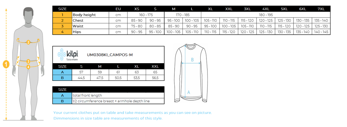 Men's cycling long sleeve jersey Kilpi CAMPOS-M – Size chart