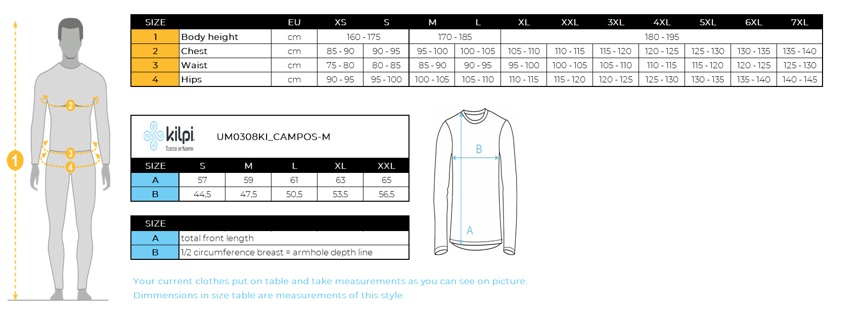 Men's cycling long sleeve jersey Kilpi CAMPOS-M – Size chart