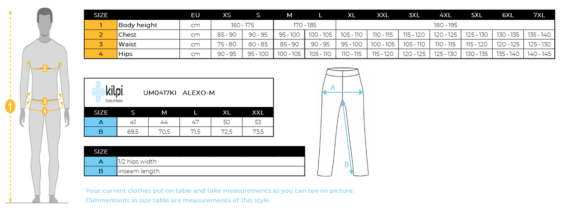 Men's running leggings Kilpi ALEXO-M – Size chart
