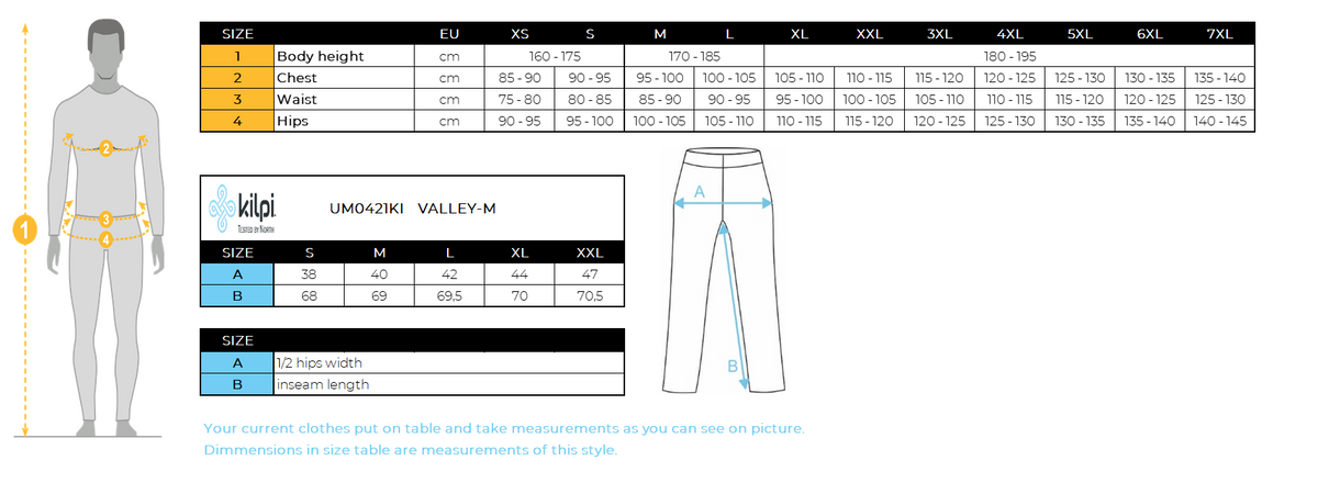 Men's cycling pants Kilpi VALLEY-M – Size chart