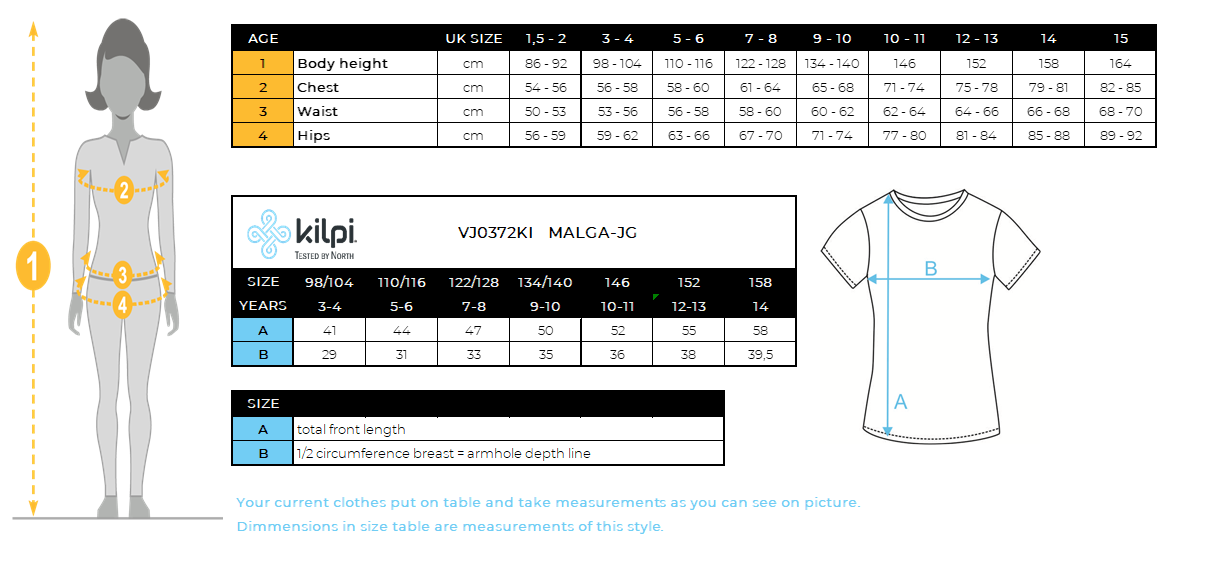 T-shirt in cotone da bambina Kilpi MALGA-JG – Size chart