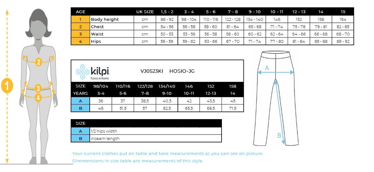 Pantaloni outdoor da ragazza Kilpi HOSIO-JG – Size chart