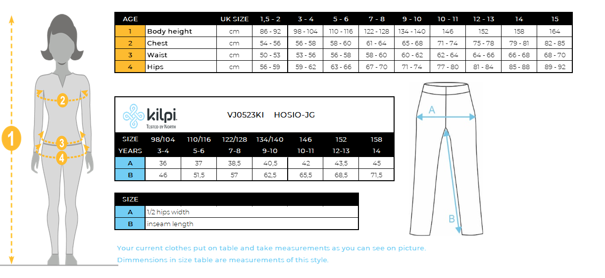 Pantaloni outdoor da ragazza Kilpi HOSIO-JG – Size chart