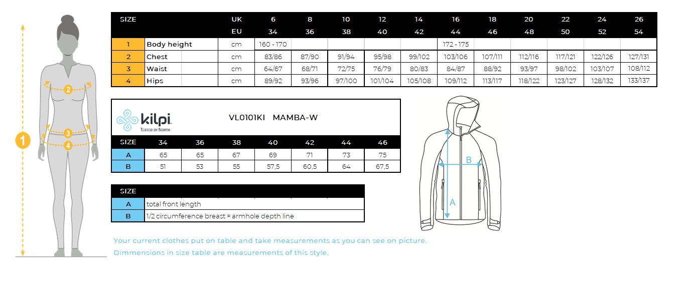 Women's membrane jacket Kilpi MAMBA-W – Size chart