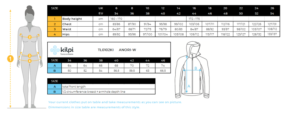Women's light anorak jacket Kilpi ANORI-W – Size chart
