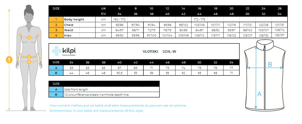 Women's softshell vest Kilpi SOIL-W – Size chart