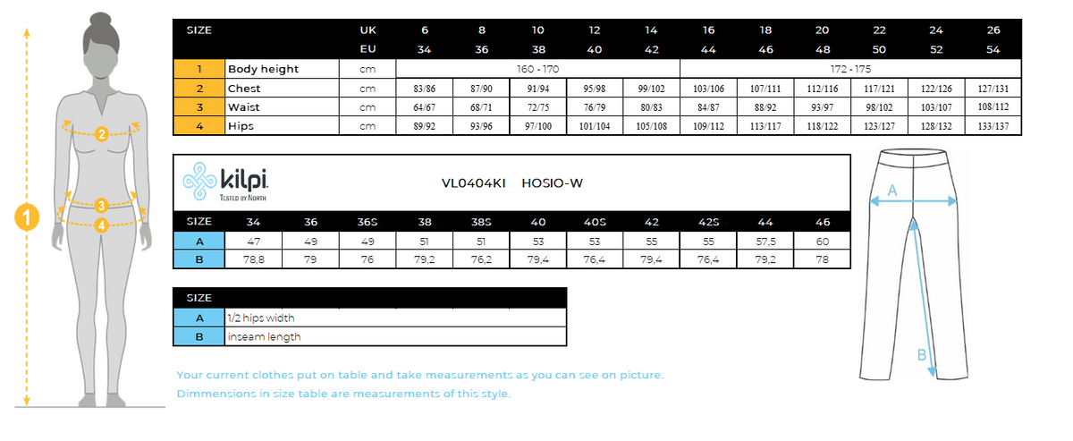DONNAi pantaloni da esterno Kilpi HOSIO-W – Size chart