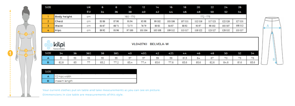 DONNAi pantaloni da esterno Kilpi BELVELA-W – Size chart