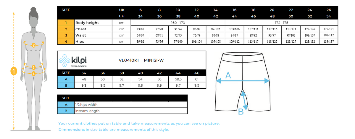 Women's outdoor shorts Kilpi MINISI-W – Size chart