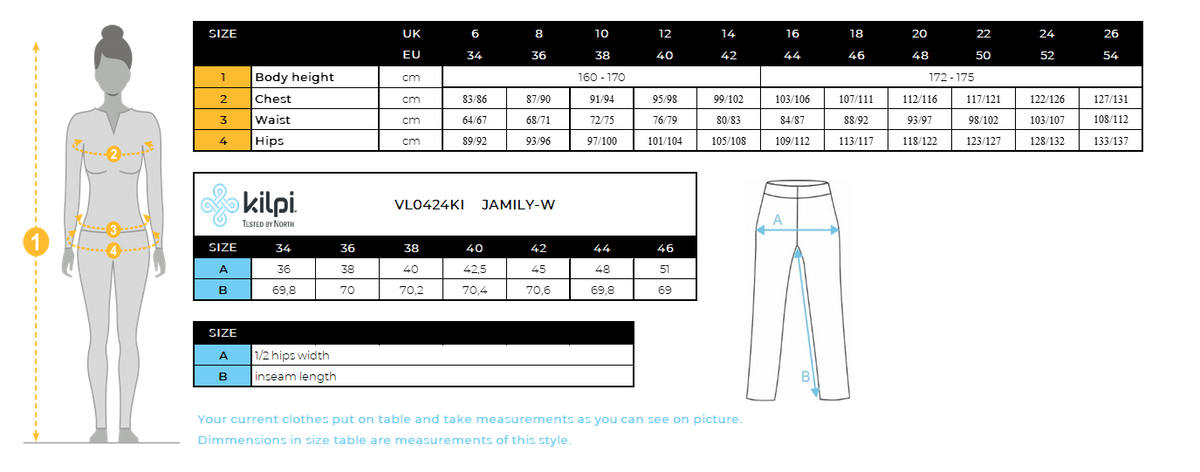 DONNAi leggings fitness di Kilpi JAMILY-W – Size chart