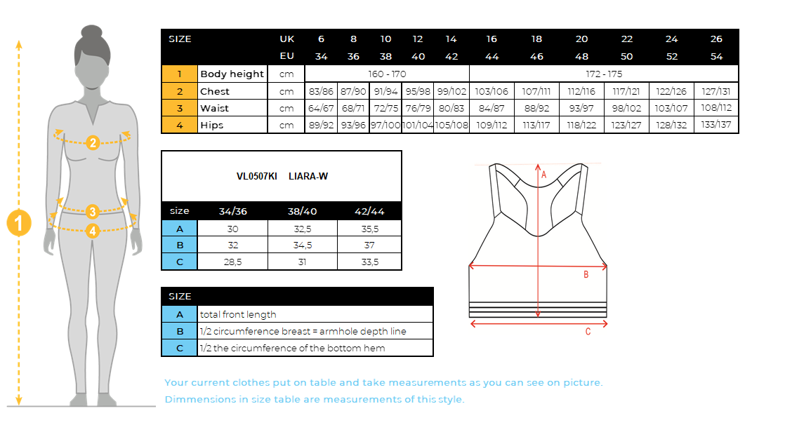 Women's seamless sports bra Kilpi LIARA-W – Size chart