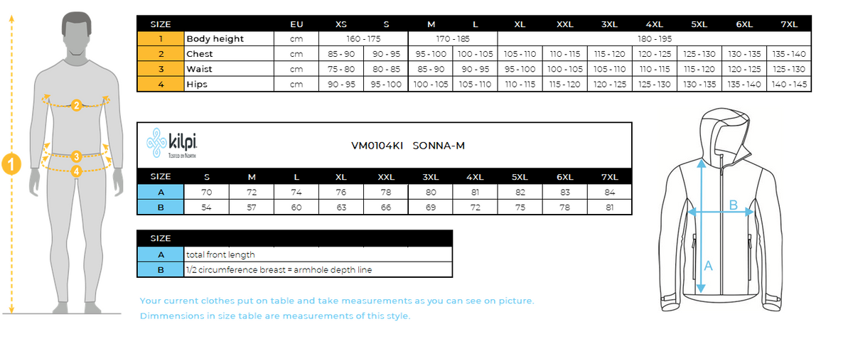 UOMOla giacca da esterno Kilpi SONNA-M – Size chart
