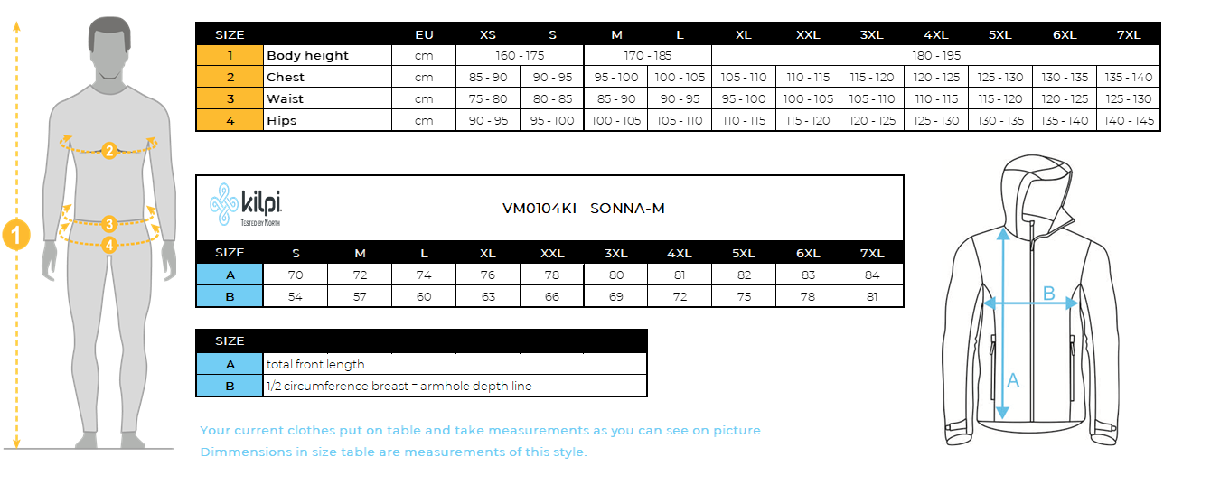 UOMOla giacca da esterno Kilpi SONNA-M – Size chart