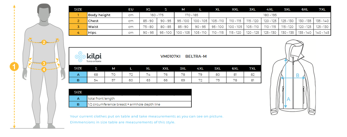 Men's softshell jacket Kilpi BELTRA-M – Size chart