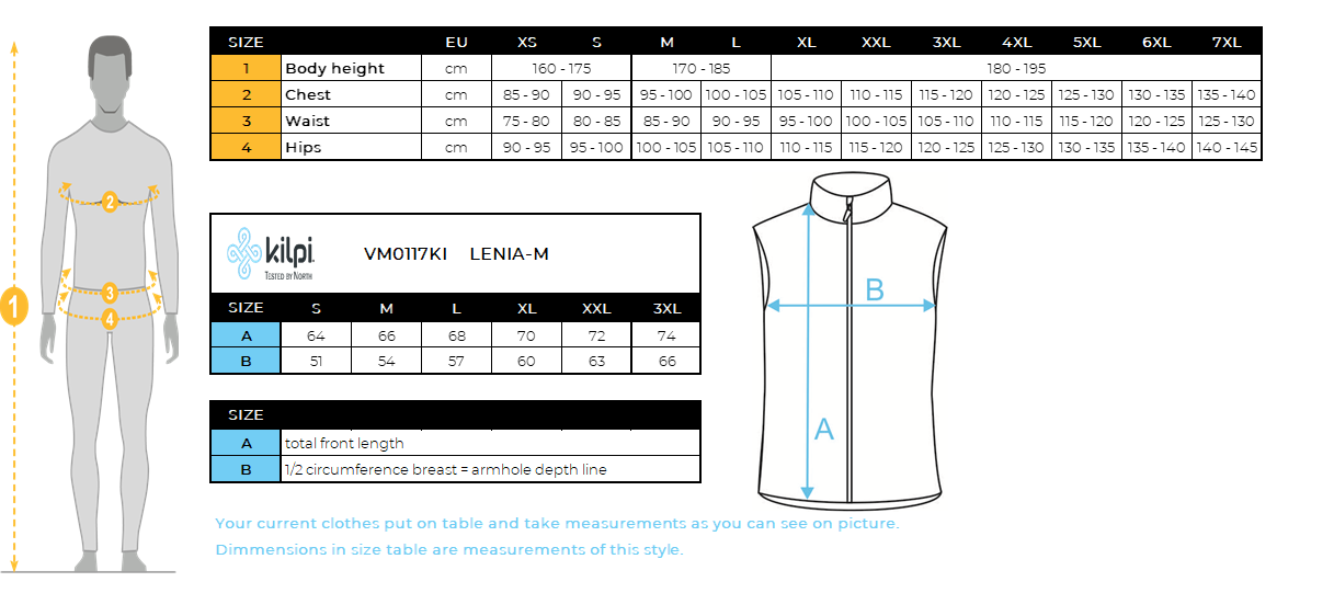 Men's softshell outdoor vest Kilpi LENIA-M – Size chart