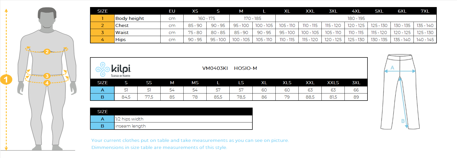 Men's outdoor pants hosio m Kilpi HOSIO-M – Size chart