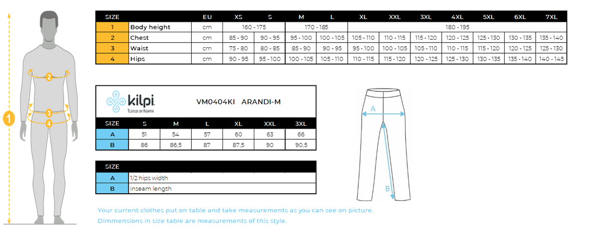 UOMOi pantaloni da esterno Kilpi ARANDI-M – Size chart