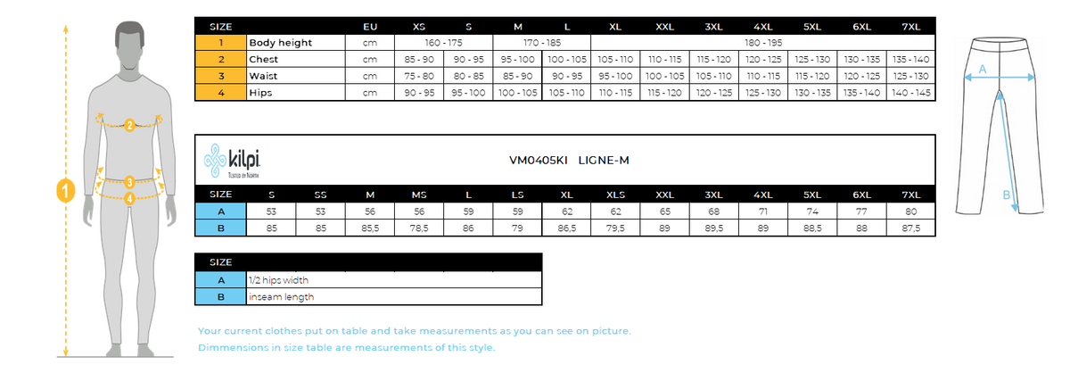 UOMOi pantaloni da esterno Kilpi LIGNE-M – Size chart