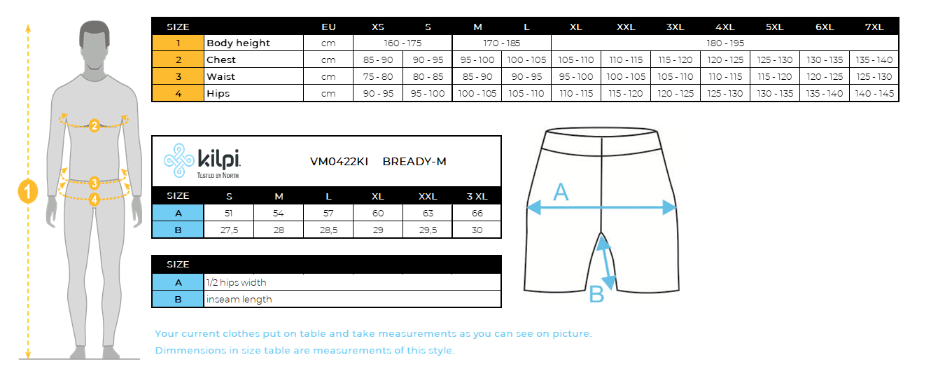 Men's outdoor shorts Kilpi BREADY-M – Size chart