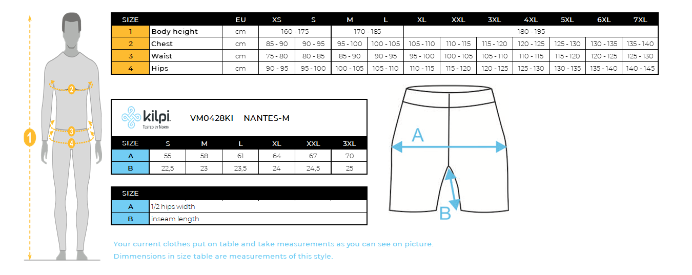 Men's fitness shorts Kilpi NANTES-M – Size chart