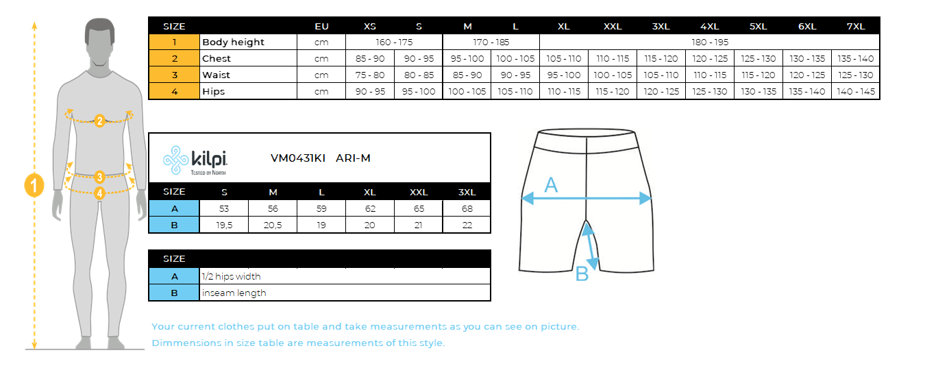 Men's swimming shorts Kilpi ARI-M – Size chart
