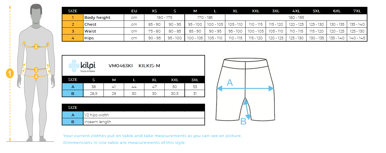 Men's compress running shorts Kilpi KILKIS-M – Size chart