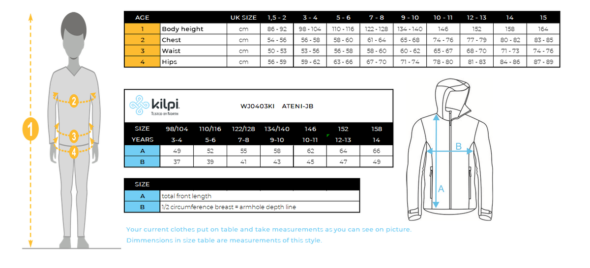 Giacca da sci da ragazzo Kilpi ATENI-JB – Size chart
