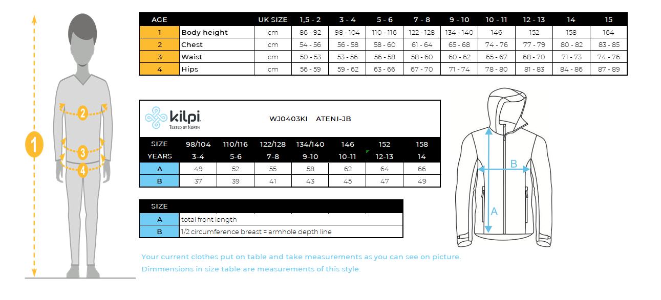 Giacca da sci da ragazzo Kilpi ATENI-JB – Size chart