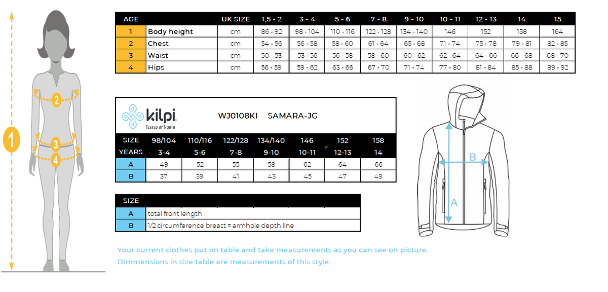 Giacca da sci da ragazza Kilpi SAMARA-JG – Size chart